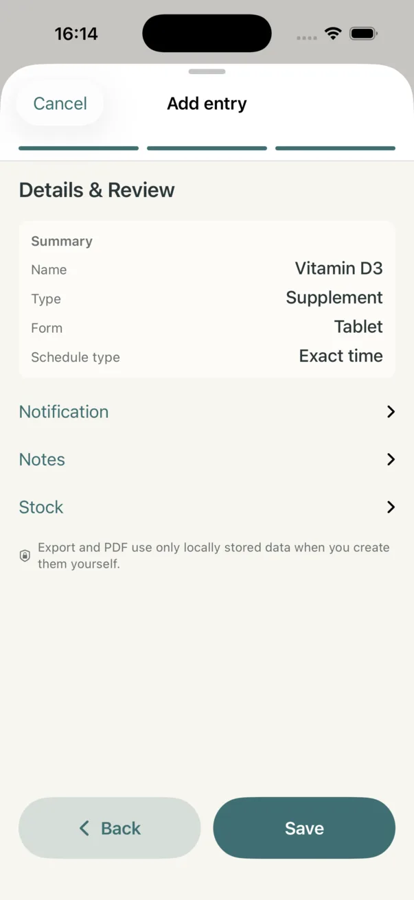 Review screen showing Schedule type Exact time before saving