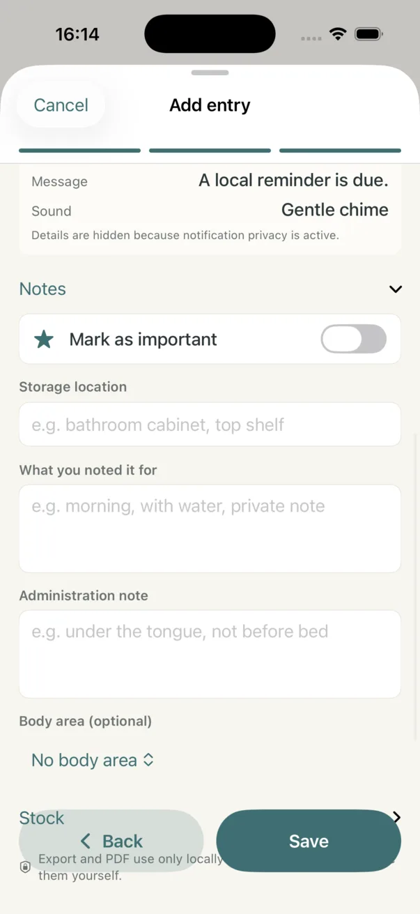 Notes view with Mark as important, Storage location, What you noted it for and Body area