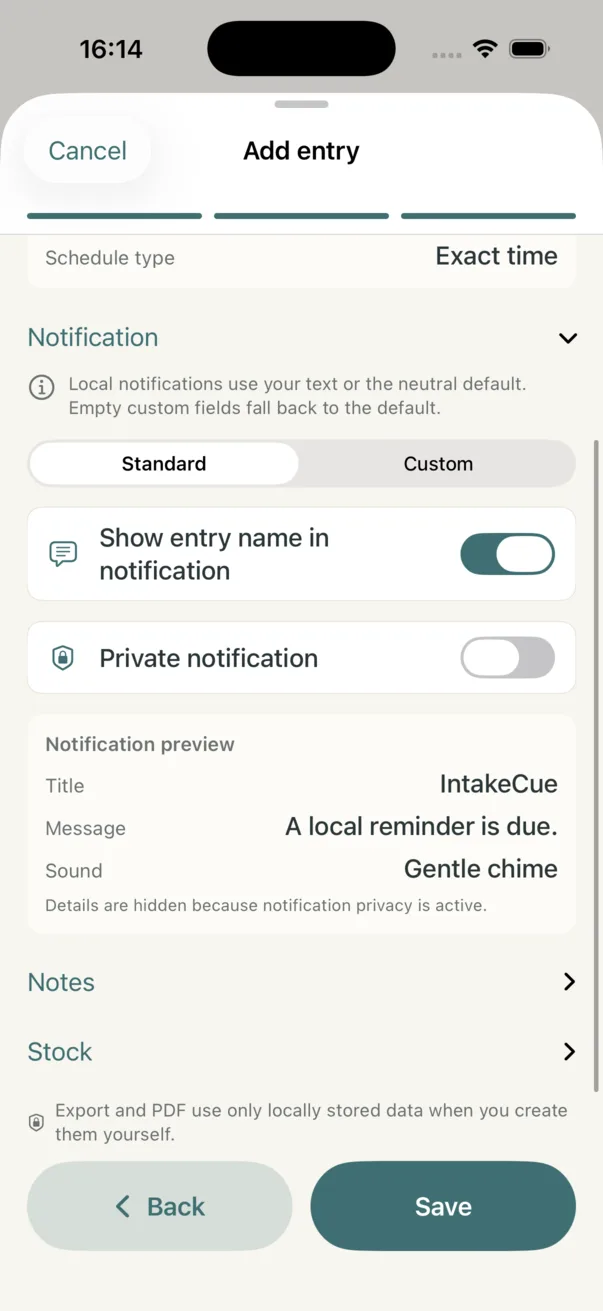 Notification settings with Standard and Custom, Show entry name, Private notification and preview