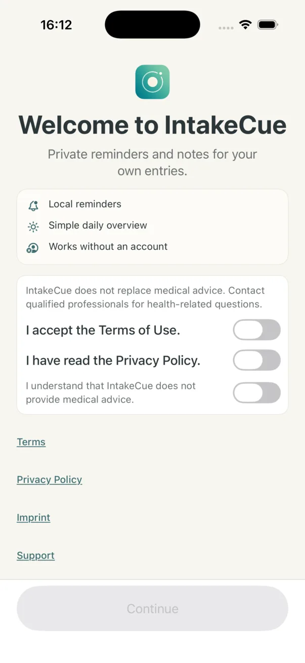 Welcome screen with privacy, terms and medical note