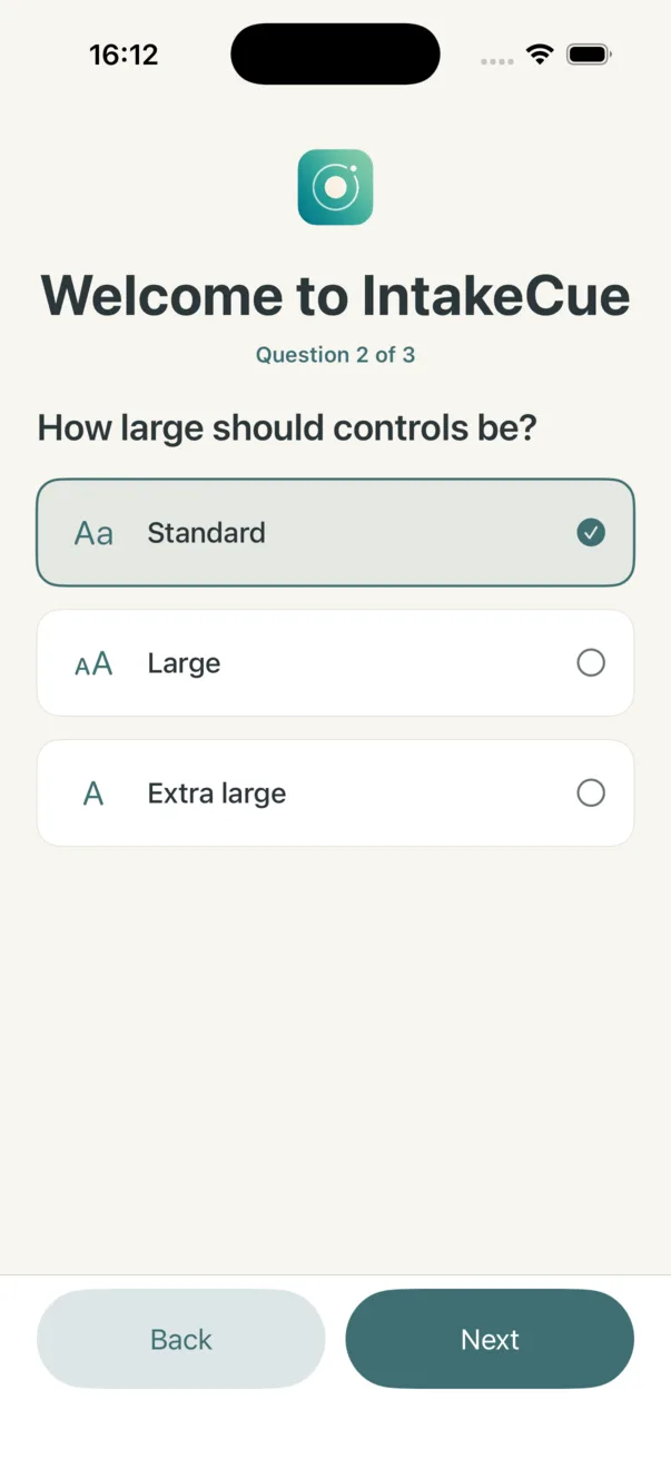 Onboarding question How large should controls be with Standard selected