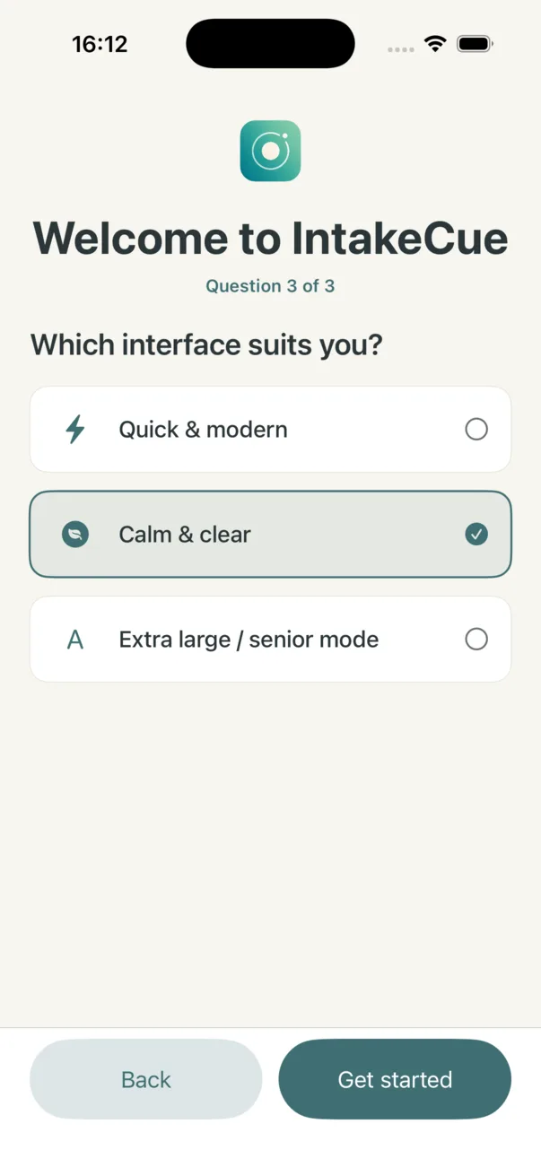 Onboarding question Which interface suits you with Calm and clear selected