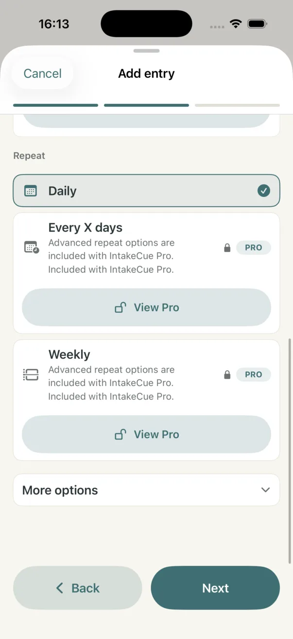 Repeat view with Daily, Every X days and Weekly plus View Pro buttons