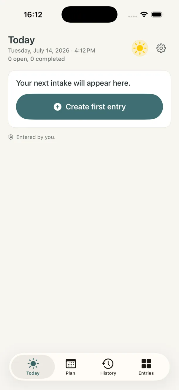 Empty Today view with Create first entry button